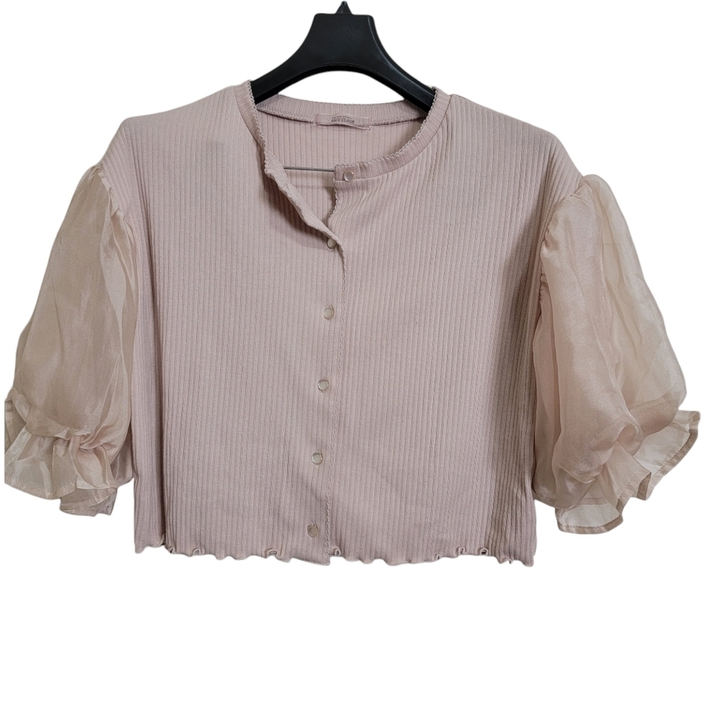 Nice Claup Blush Cream Crop Ruffle Puff Sleeve Blouse Top Small